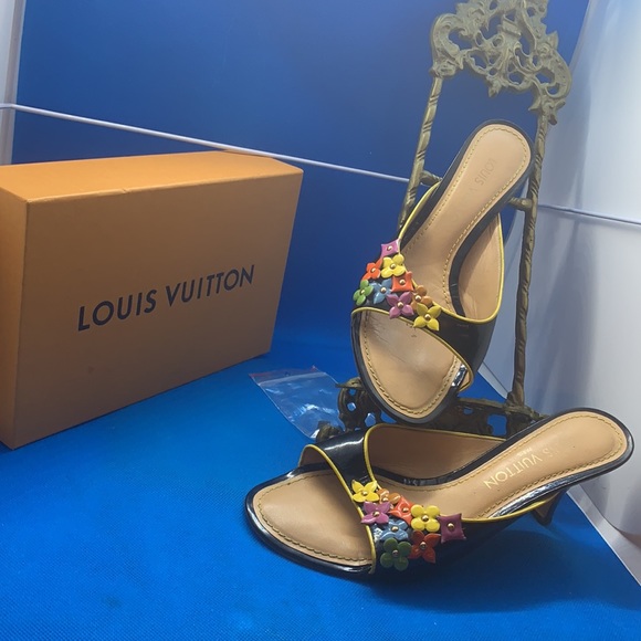 LOUIS VUITTON Leather Flower Patterm Open-Toe Mule Sandals EUR 37 1/2 - Picture 12 of 16
